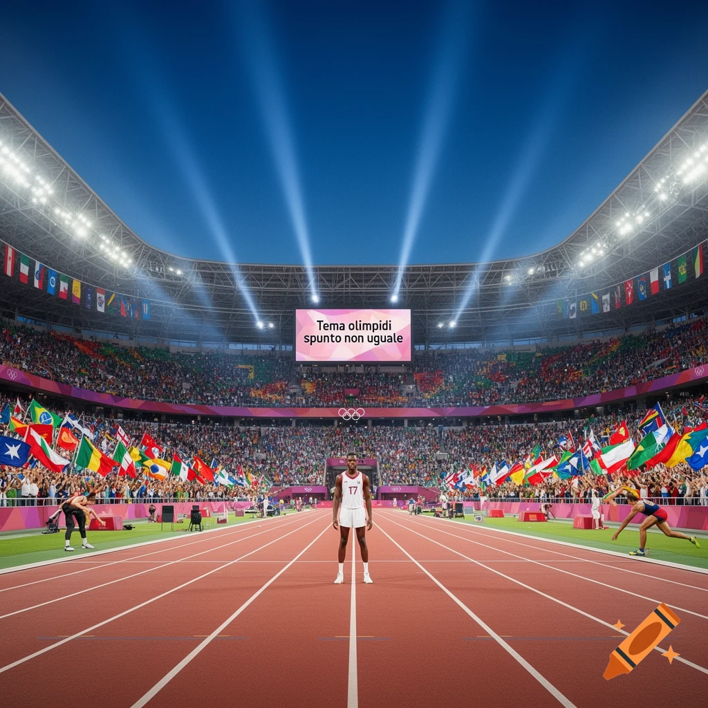 A wide view of a crowded Olympic stadium at night, with a large screen displaying 'Tema olimpidi spunto non uguale', and athletes on the track.