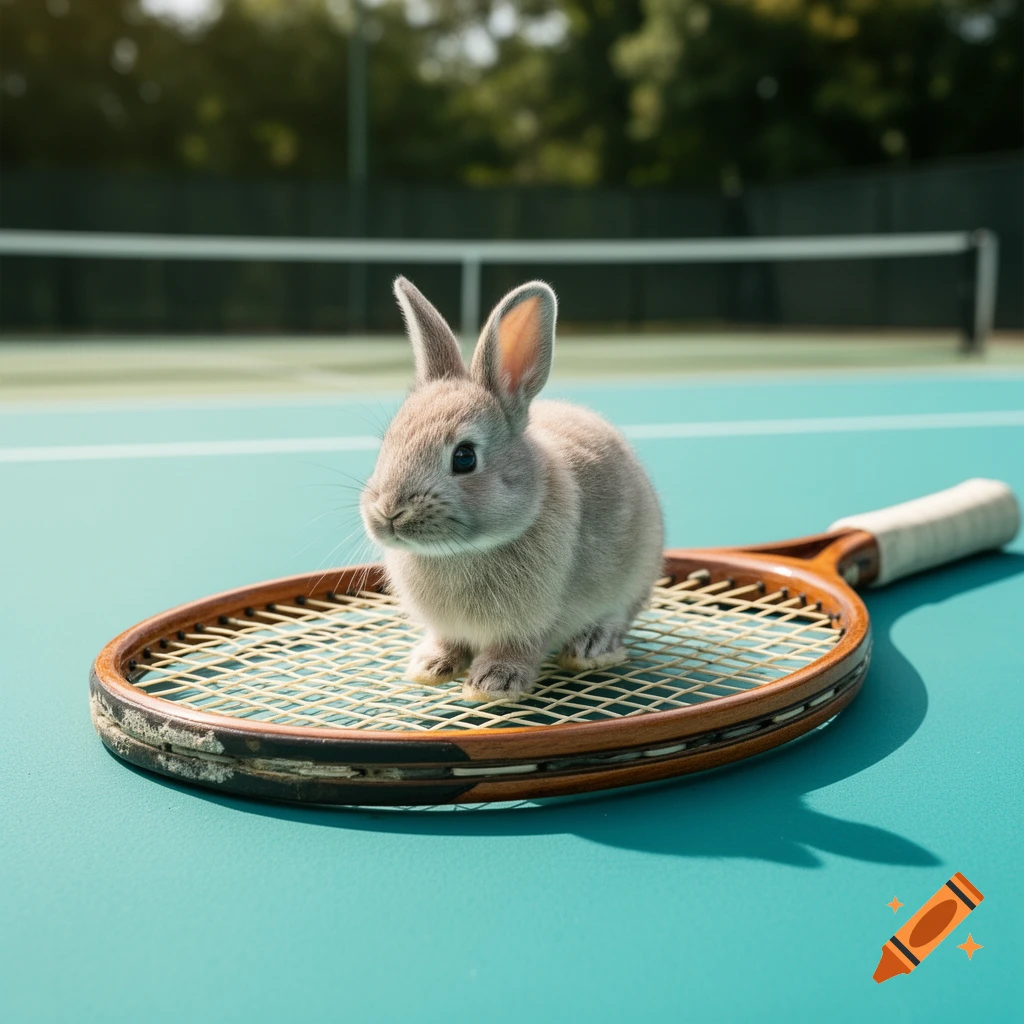 A fluffy rabbit sits on a wooden tennis racket on a green tennis court with a blurred background. Photorealistic.