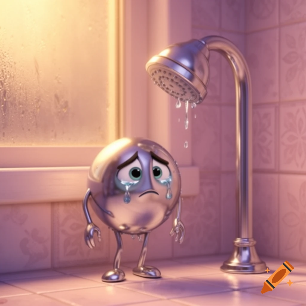 A sad, metallic, anthropomorphic shower head character cries under a dripping shower in a bathroom, in a Pixar style.
