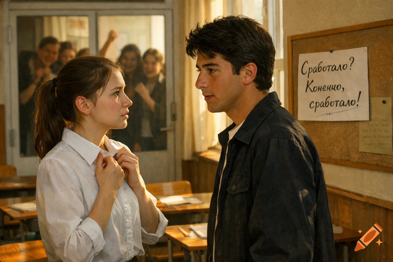 A young woman and man gaze intently at each other in a sunlit classroom, with blurred students in the background and a Russian note on a corkboard.