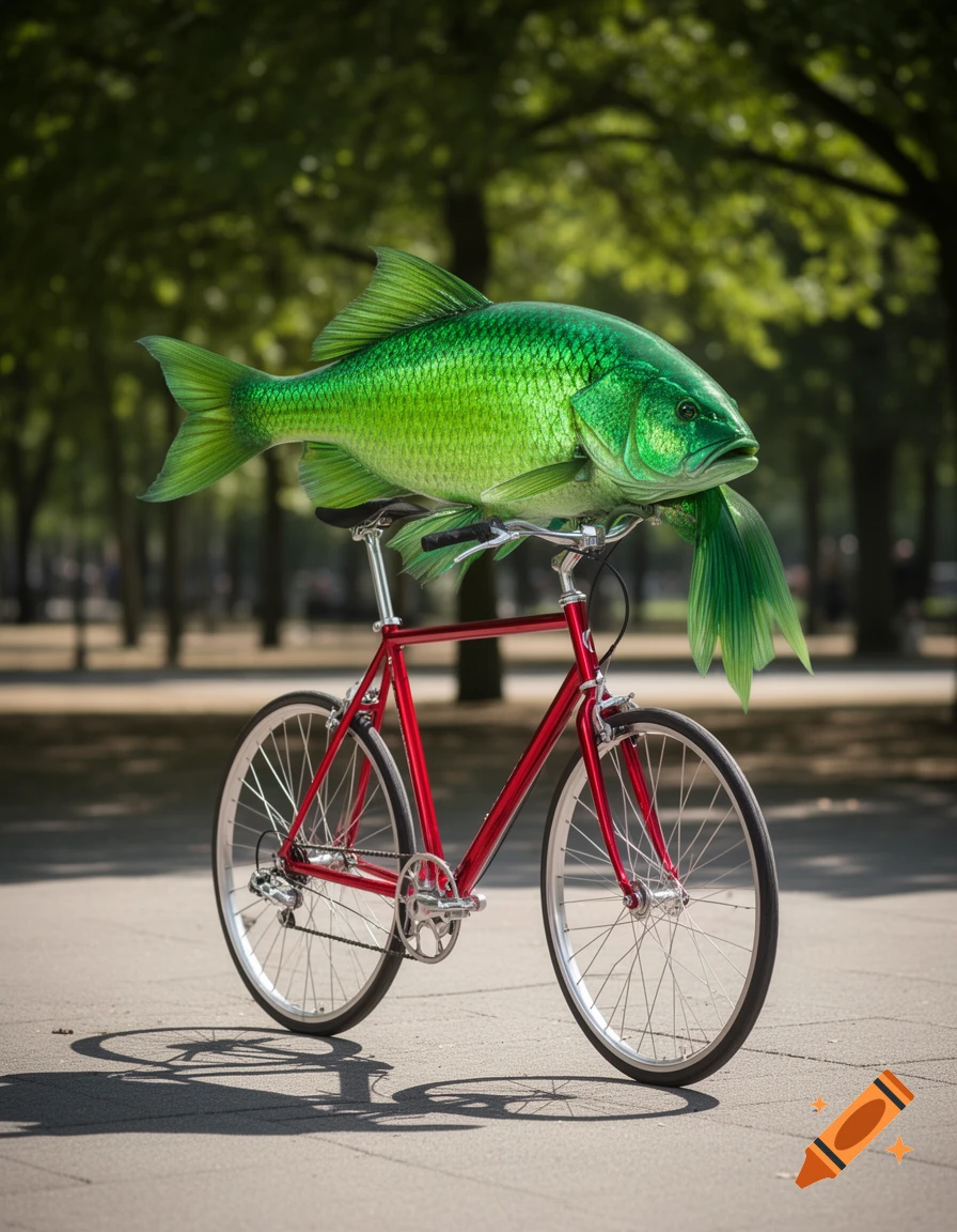 A large, vibrant green fish rides a shiny red bicycle on a paved path in a park.