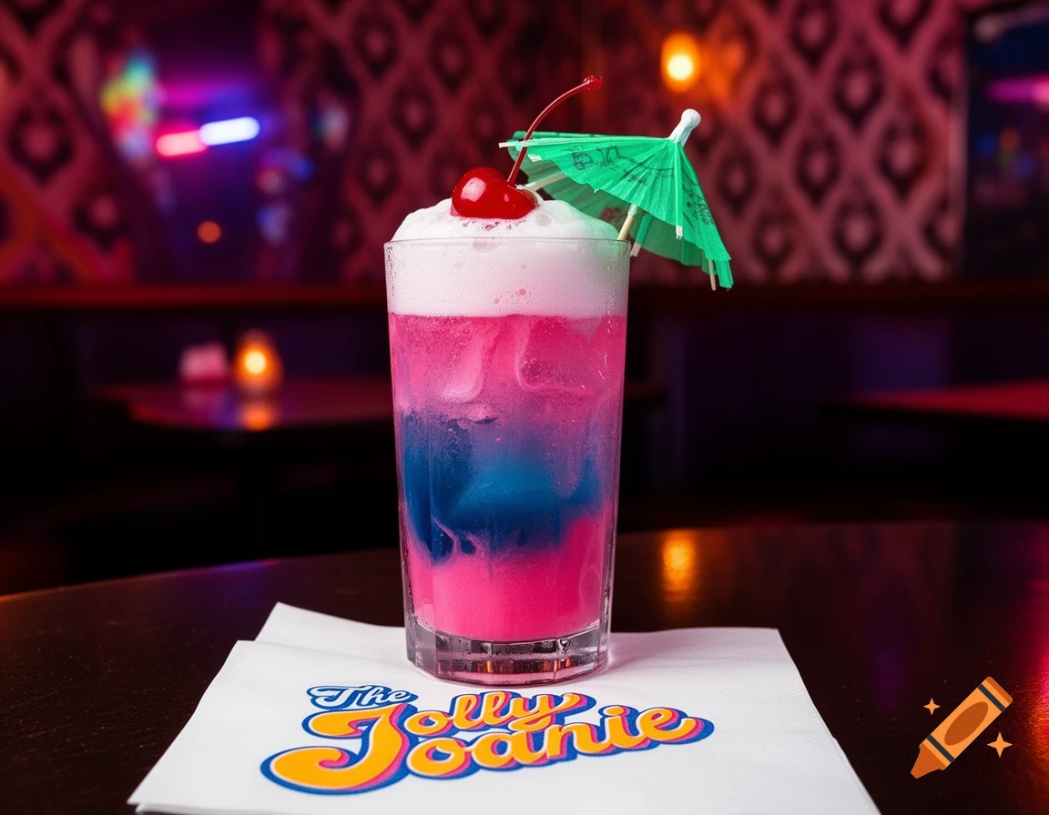 A vibrant pink and blue layered cocktail with whipped cream, a cherry, and a green umbrella on a bar counter.