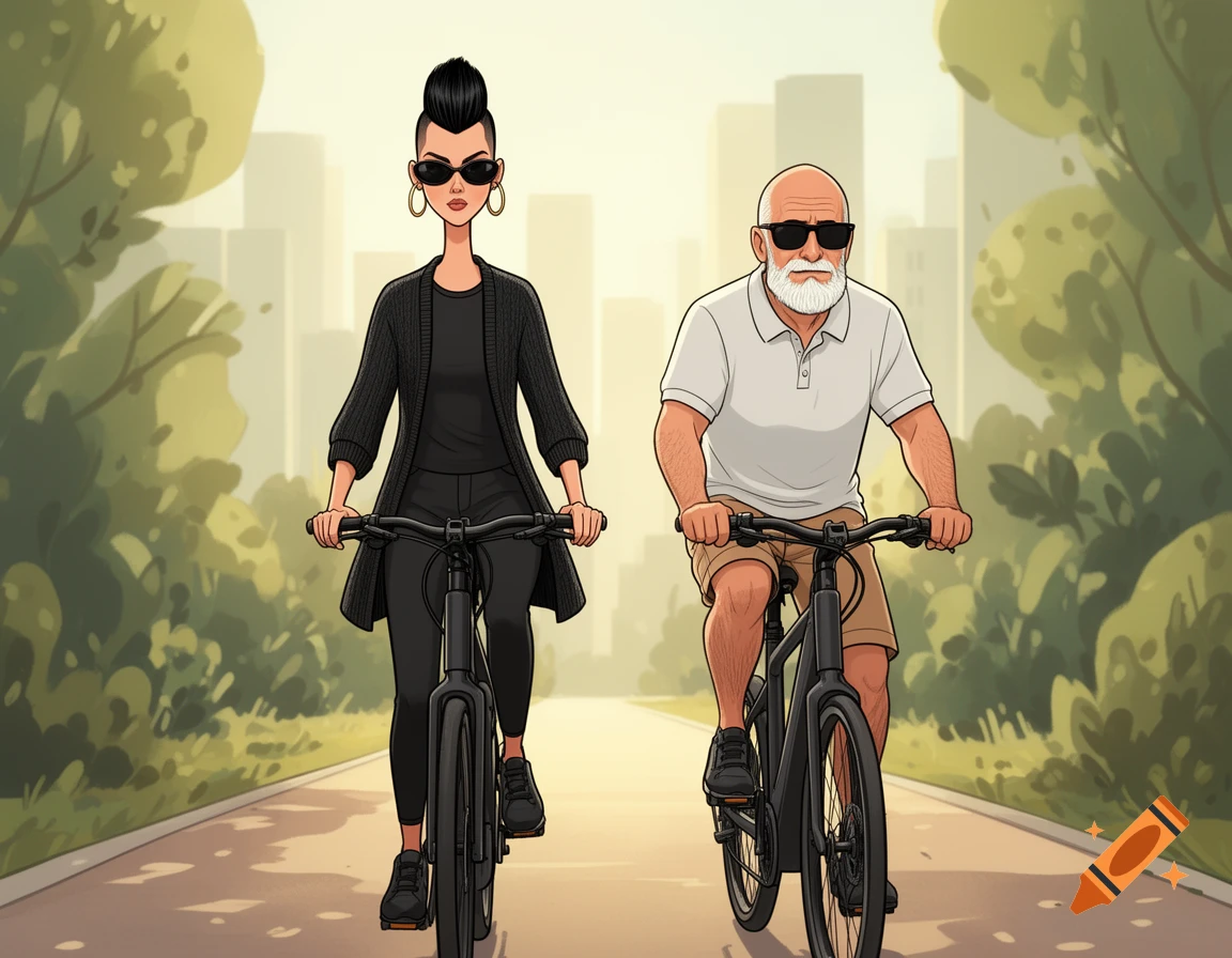Cartoon of a woman with a mohawk and an older bearded man, both in sunglasses, riding bikes on a path with city background.