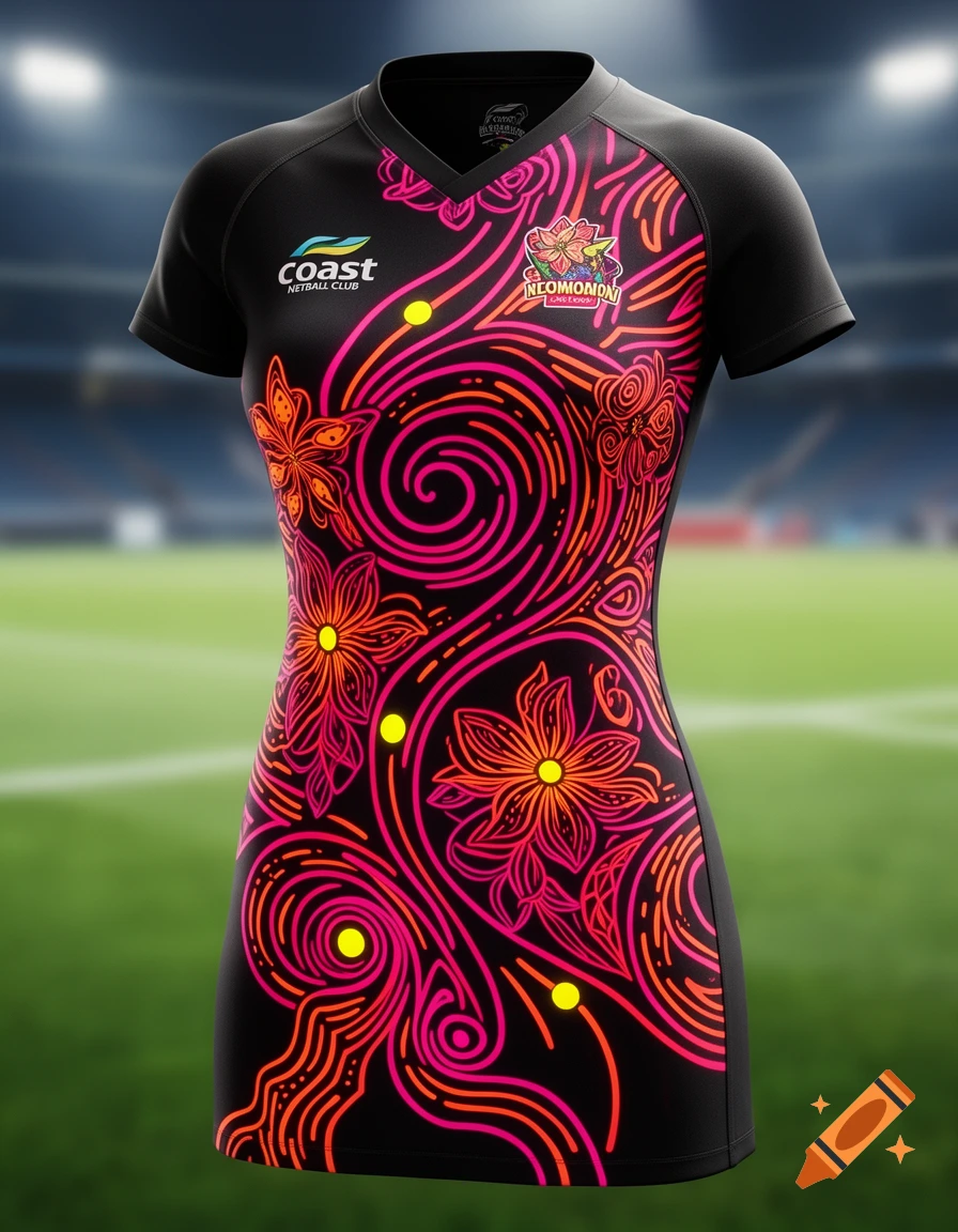 Black netball dress with vibrant neon pink and orange swirls, flowers, and bright yellow dots, designed in an aboriginal art style, against a blurred stadium background.