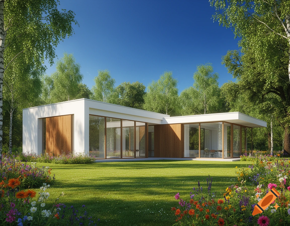 A modern, minimalist white house with large glass windows and wood accents, surrounded by a green lawn, colorful flowers, and trees under a clear blue sky.