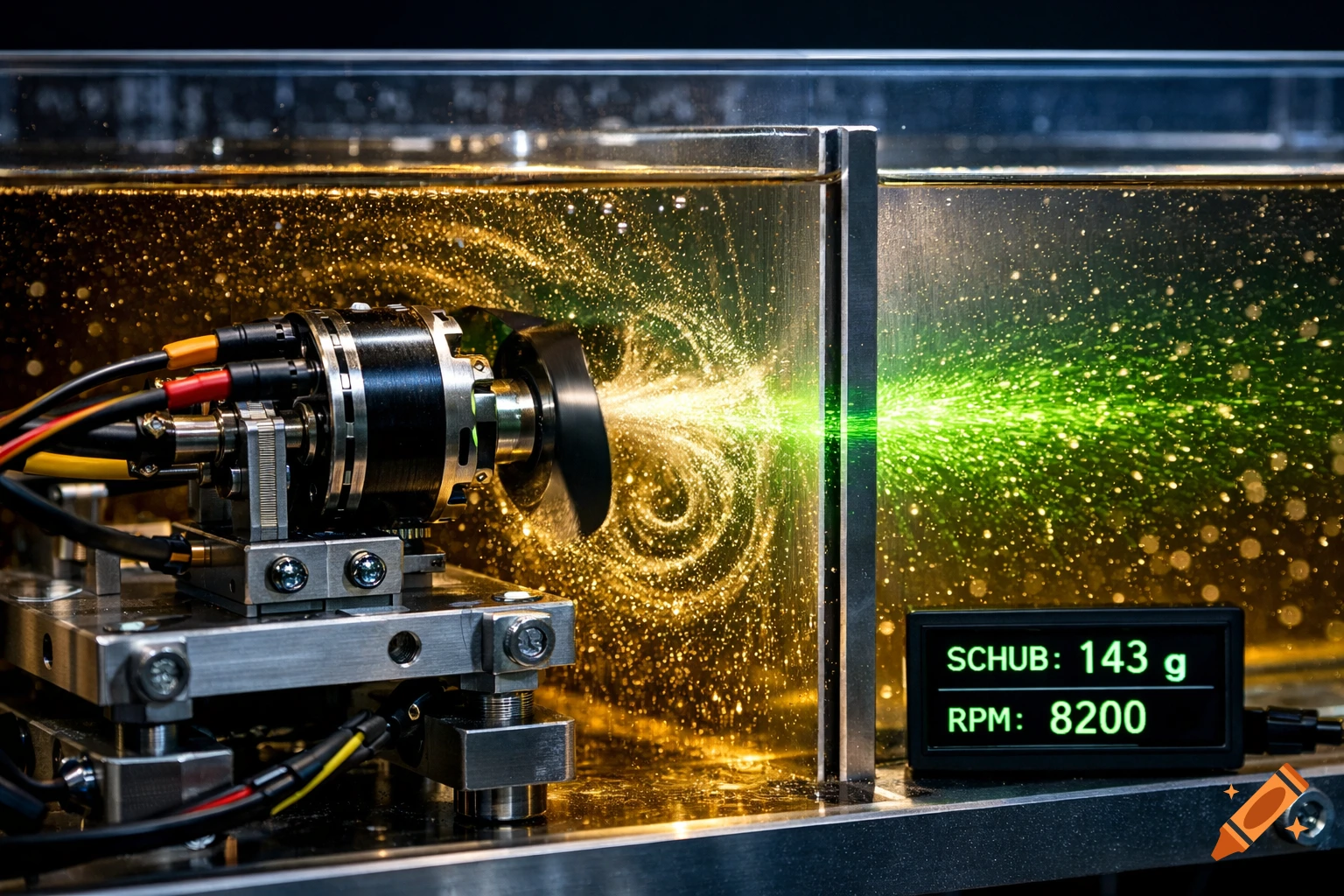 A macro photo of a fluid dynamics experiment with a propeller in glowing golden liquid, showing turbulent flow and a display with 'SCHUB: 143 g' and 'RPM: 8200'.