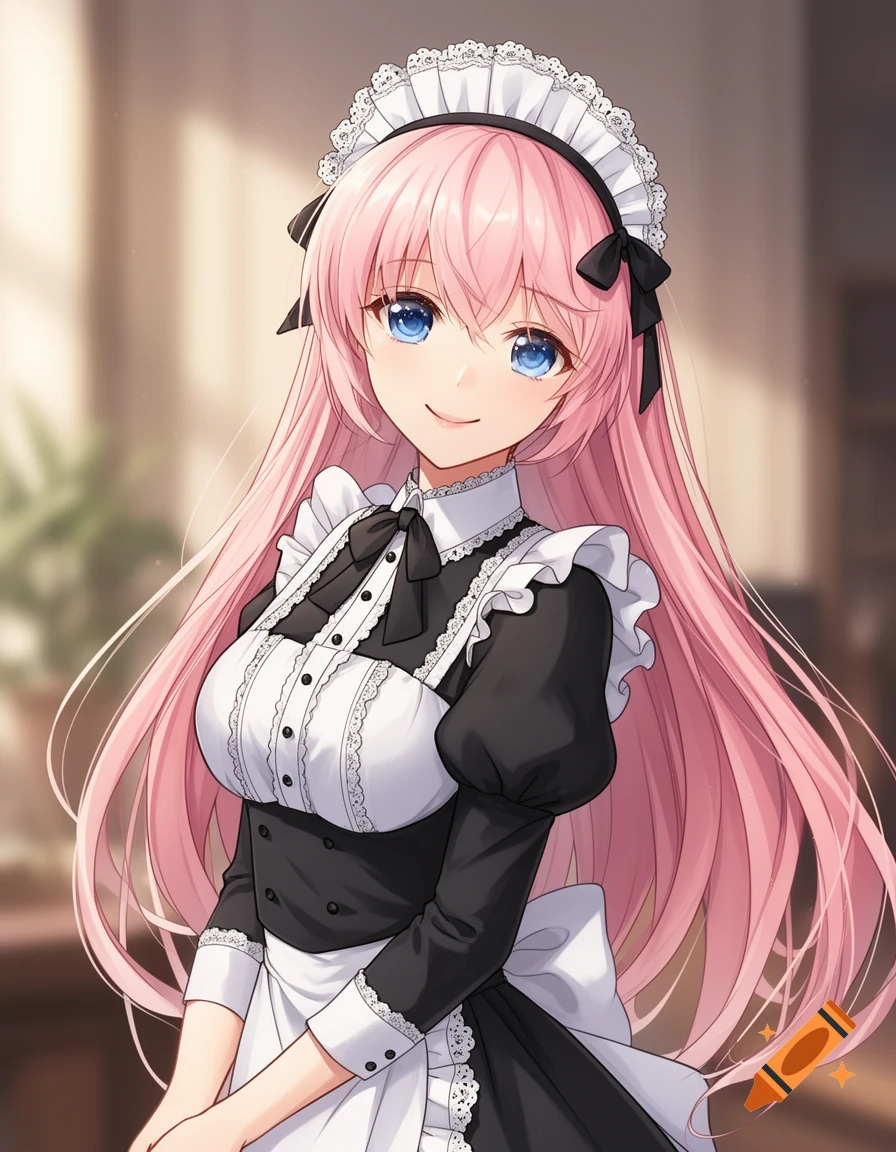 Anime girl with long pink hair, blue eyes, and a gentle smile, wearing a black and white maid uniform with lace.