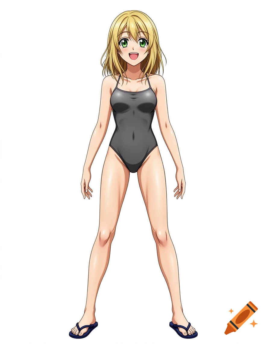 An anime woman with dark blonde hair and green eyes smiles, wearing a dark grey one-piece swimsuit and navy blue flip-flops on a white background.