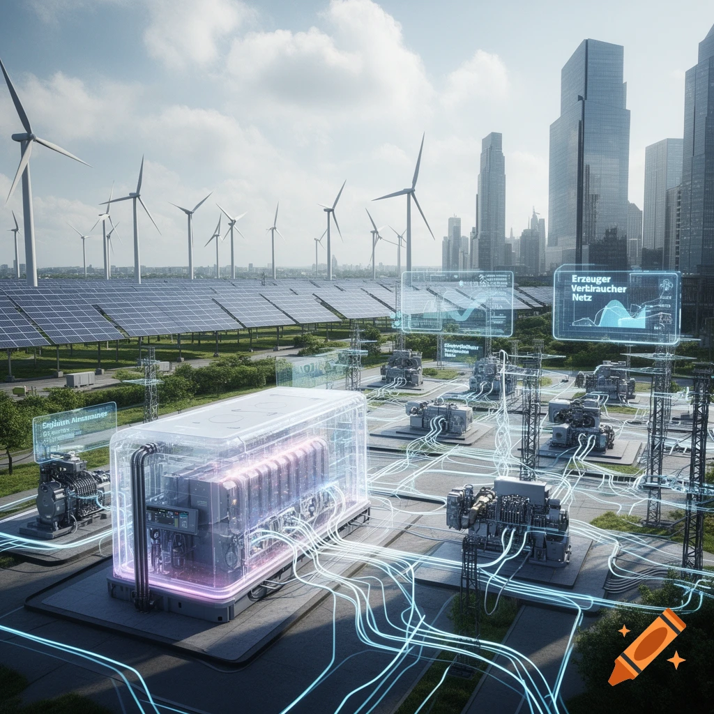 Photorealistic image of a futuristic energy grid featuring solar panels, wind turbines, battery storage, and glowing holographic data displays with a city skyline in the background.