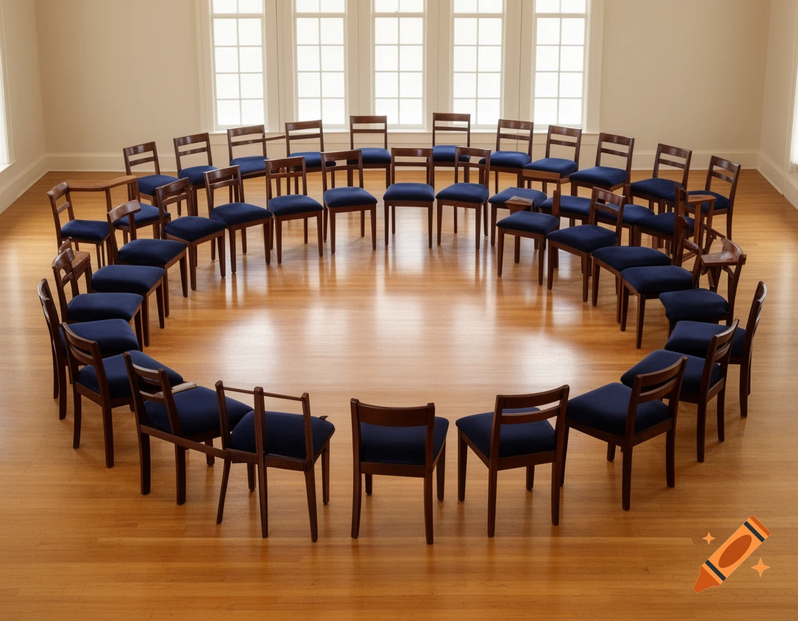 A large circle of dark wood chairs with blue cushioned seats arranged on a light wooden floor in a well-lit room with large windows.