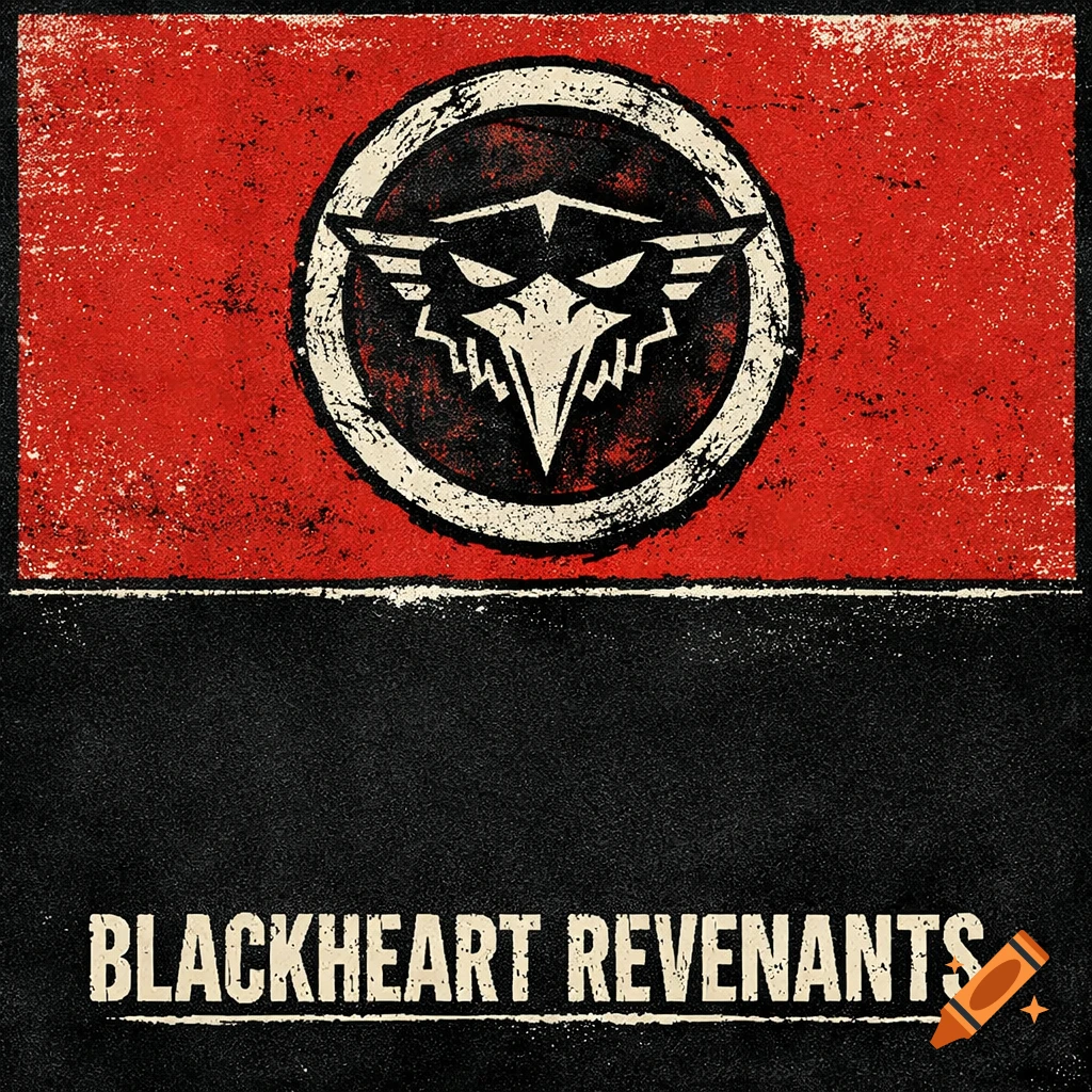 Distressed red and black album cover with a white mechanical crow emblem in a circular frame, and "BLACKHEART REVENANTS" text.