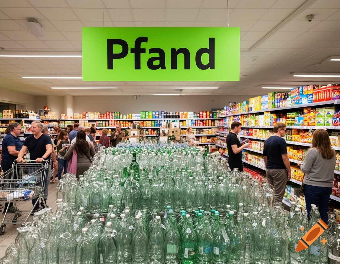 A busy supermarket aisle with a large display of empty glass bottles and a green sign reading 'Pfand' overhead, people shopping.