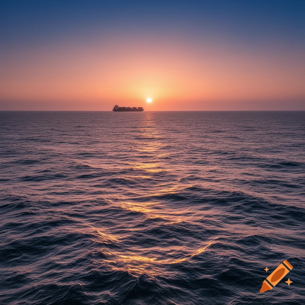 A cargo ship sails across a calm sea under a vibrant orange and purple sunset with the sun reflecting on the water.