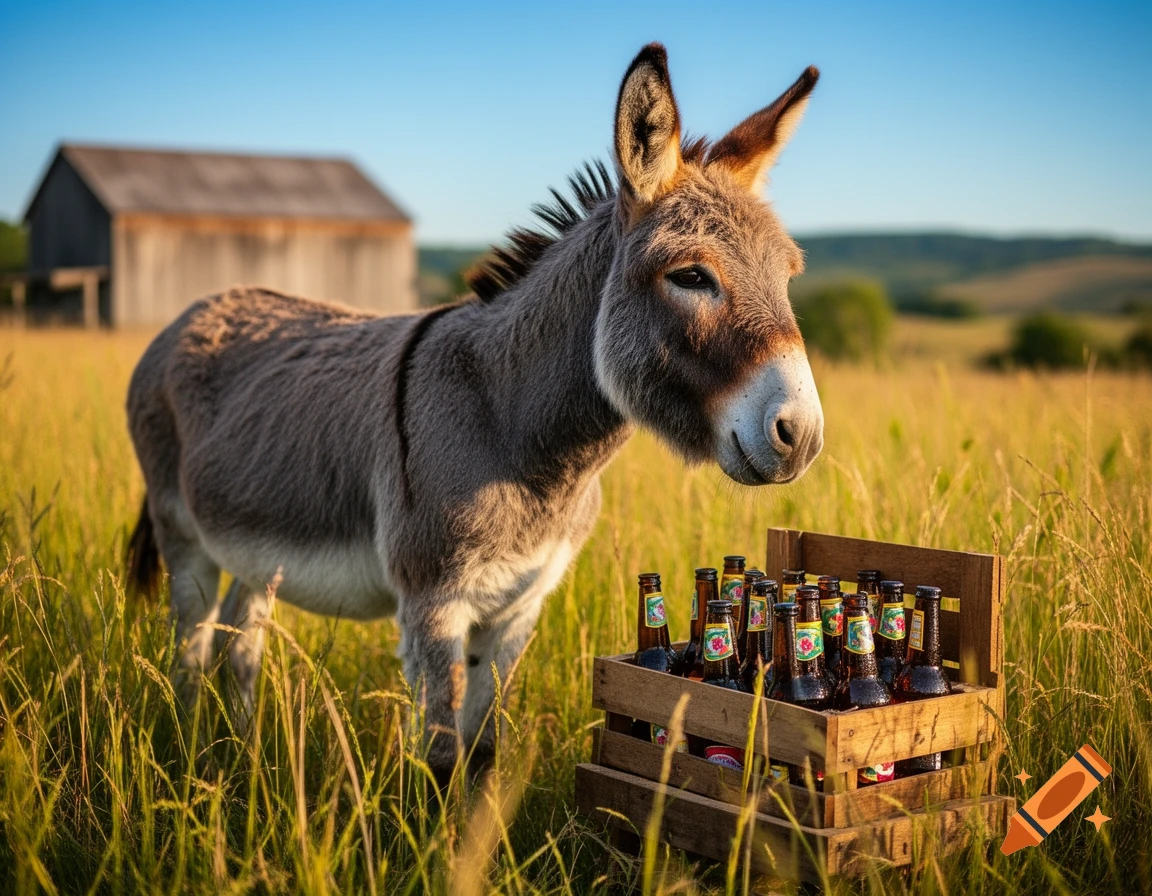 A donkey stands next to a wooden crate filled with beer bottles in a sunlit grassy field with a barn in the background.