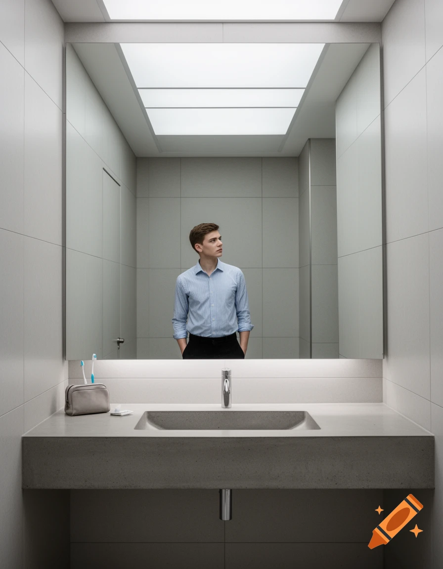 A young man in a blue striped shirt and dark pants stands reflected in a large mirror above a sink in a minimalist staff bathroom.