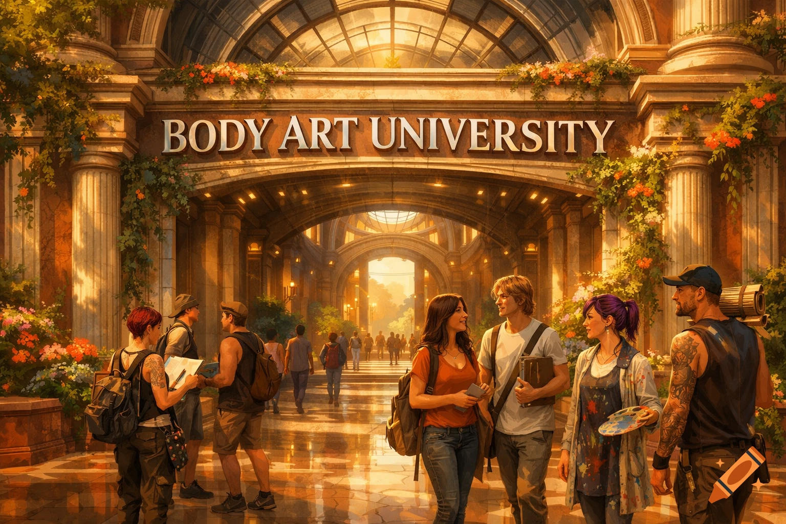 A grand university entrance with "BODY ART UNIVERSITY" inscribed, bustling with students. Ornate architecture, arches, and sunlit windows.