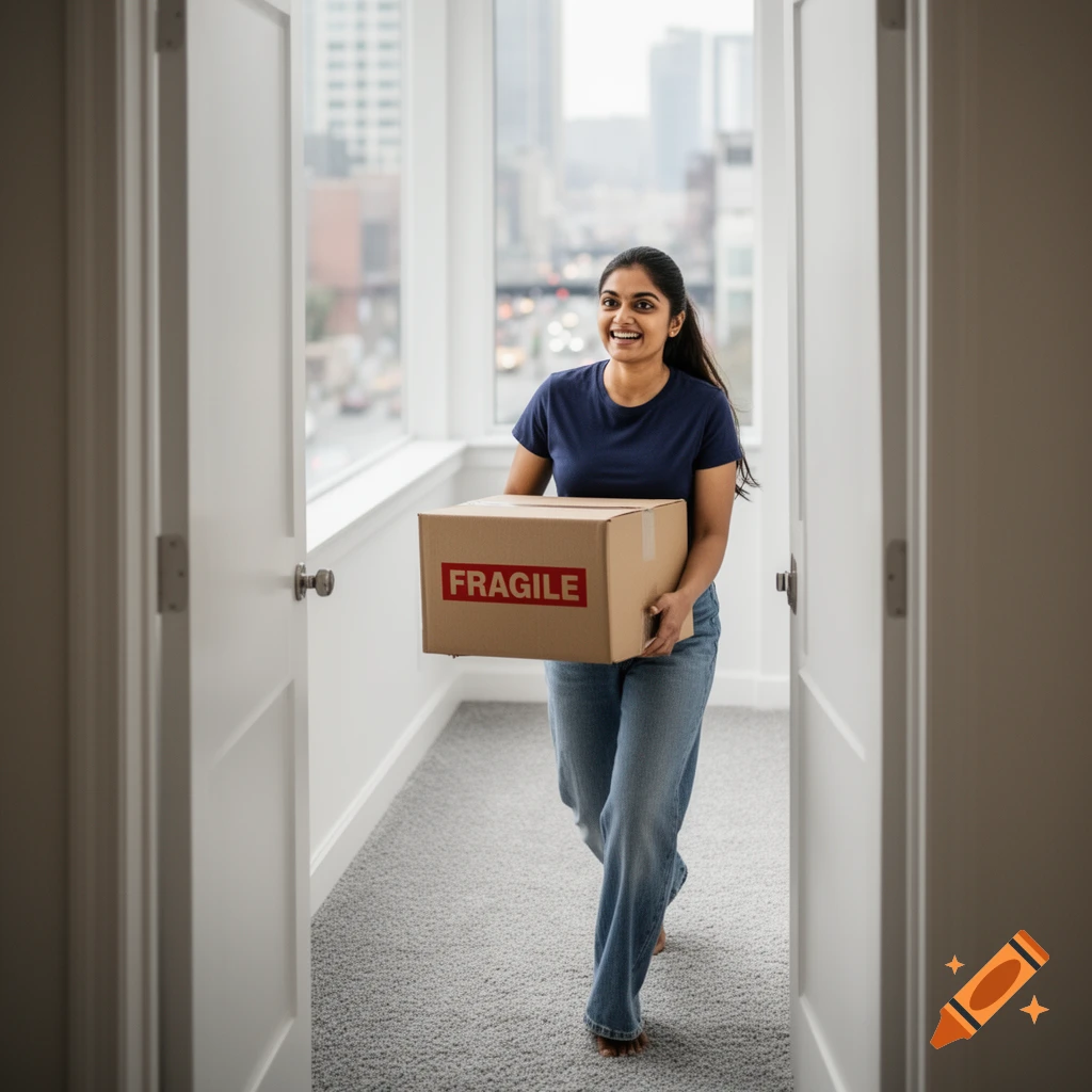 Photorealistic image of a happy Indian American woman carrying a "FRAGILE" box into her new apartment in an urban setting.