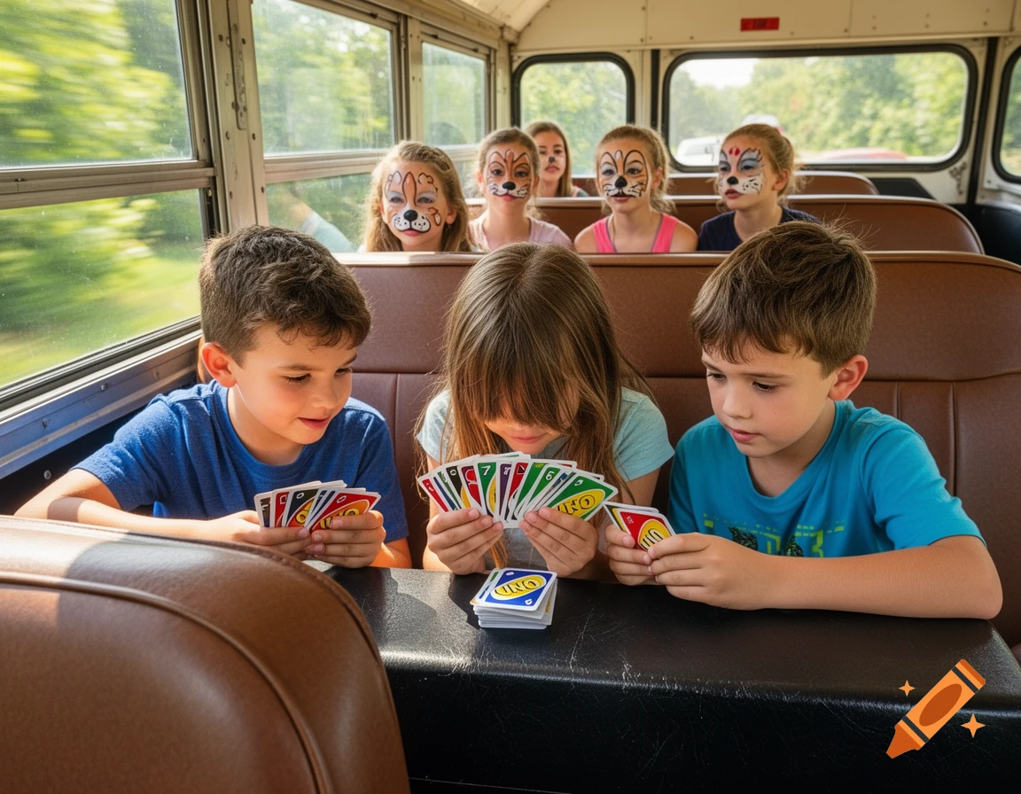 Children play UNO on a bus; some kids in the back have animal face paint.