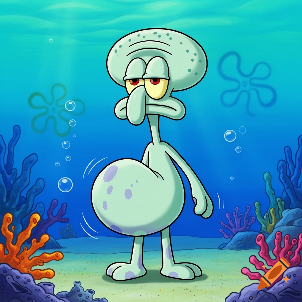 Squidward Tentacles stands underwater with a very large, round belly, surrounded by coral and bubbles.