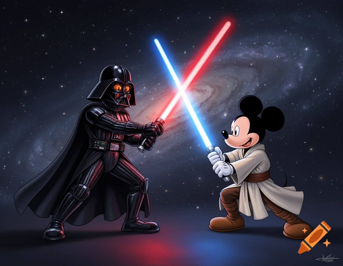 Darth Vader with glowing eyes duels Mickey Mouse as a Jedi with lightsabers in a starry space scene.