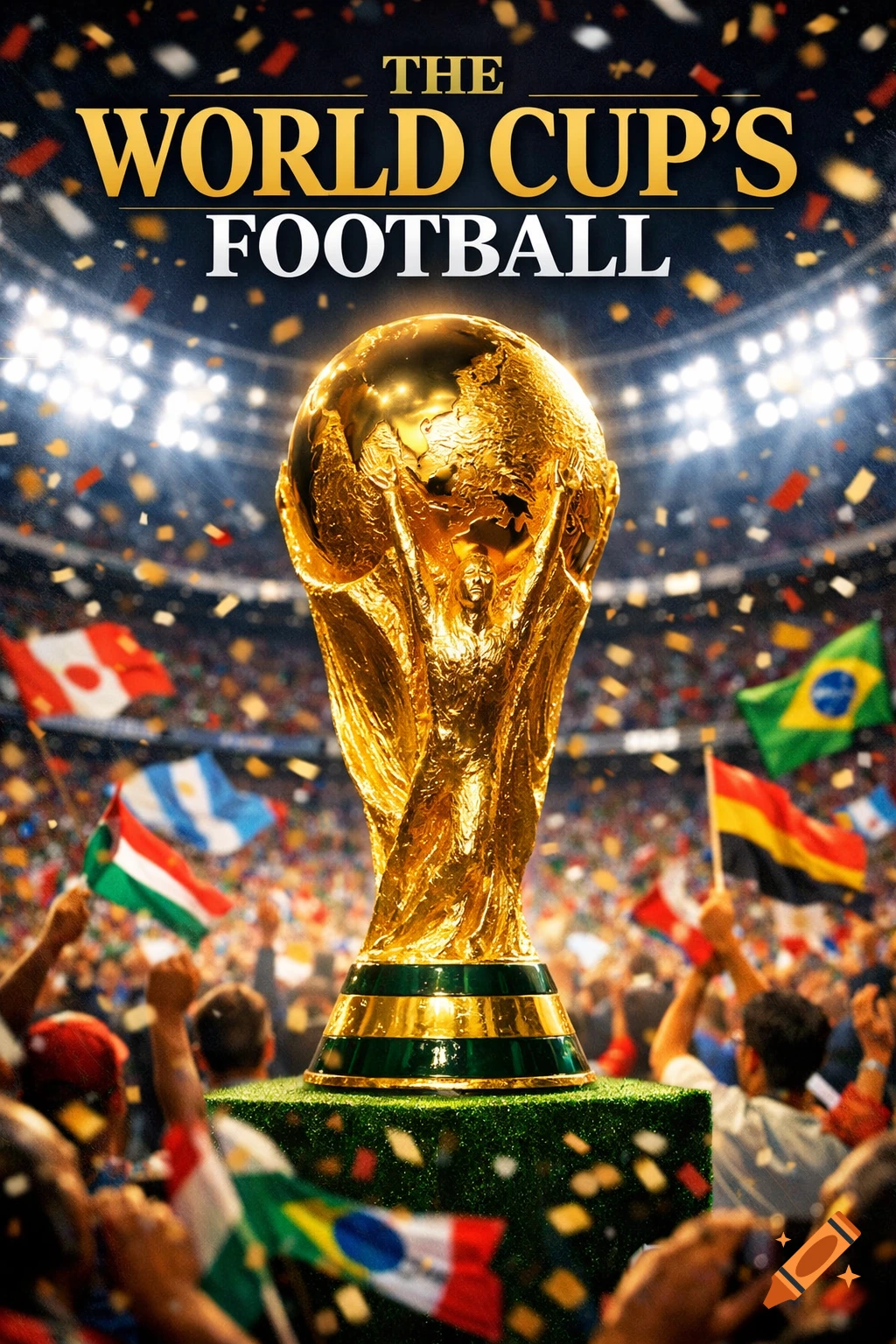 Photorealistic World Cup trophy with a golden globe, held by figures, on a pedestal in a stadium with cheering fans, flags, and confetti. Text: THE WORLD CUP'S FOOTBALL.