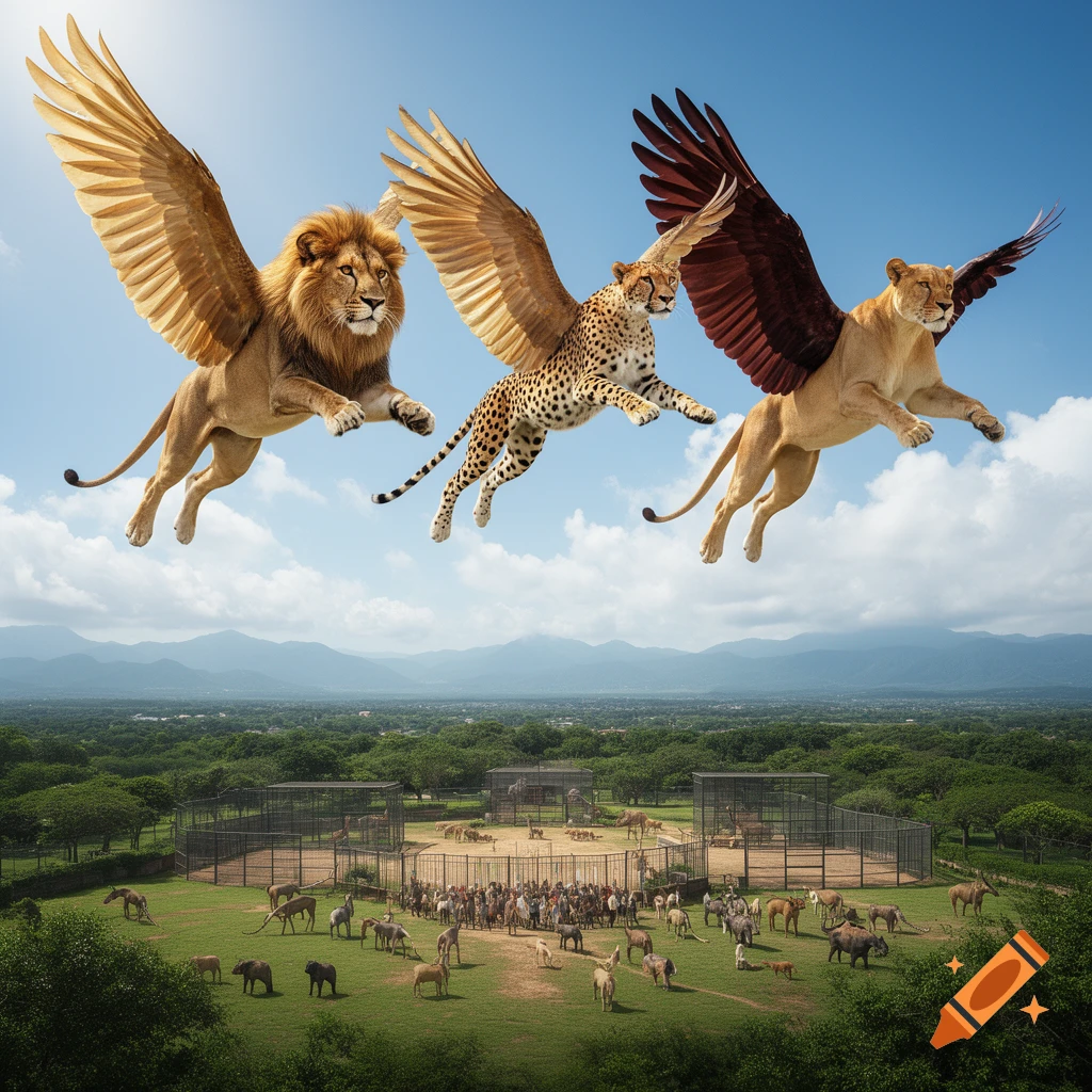 A photorealistic image of a winged lion, leopard, and lioness flying high above a large zoo enclosure teeming with various animals and a crowd of people.