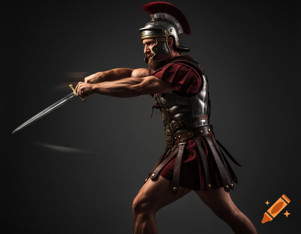 A muscular Roman soldier in a helmet and armor swings a gladius with motion blur in a dynamic, photorealistic style.