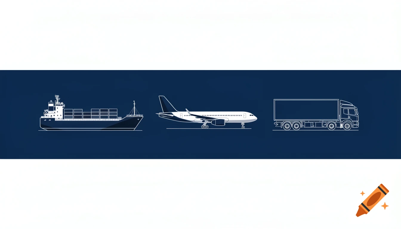 Illustration of a cargo ship, an airplane, and a truck side-by-side on a navy blue background.