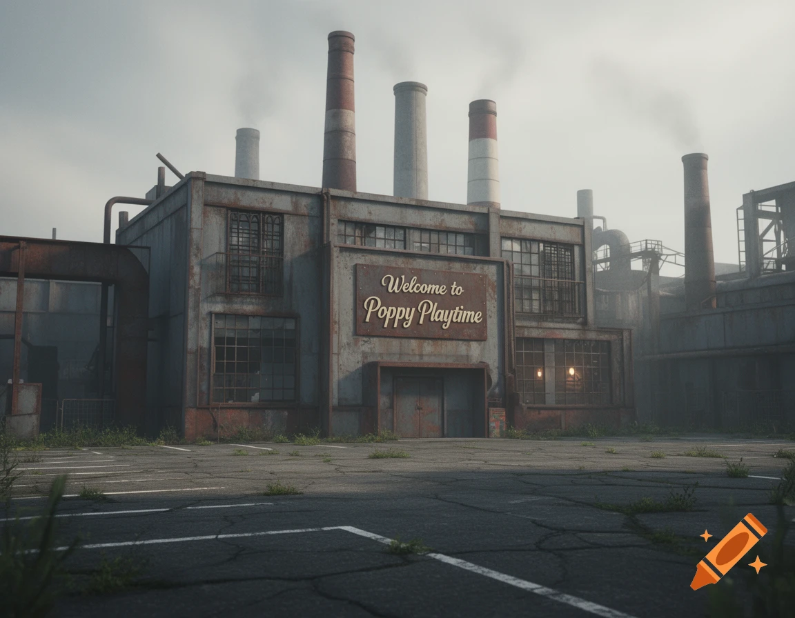 An abandoned, rusty factory building with multiple smoking smokestacks and a sign reading 'Welcome to Poppy Playtime' above the entrance.