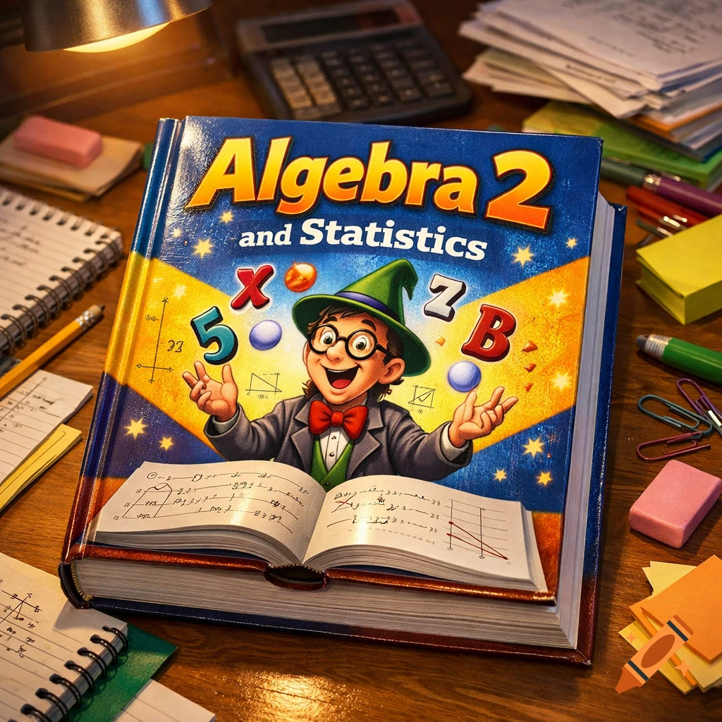 A colorful 'Algebra 2 and Statistics' textbook with a cartoon wizard on the cover, open on a wooden desk with school supplies.