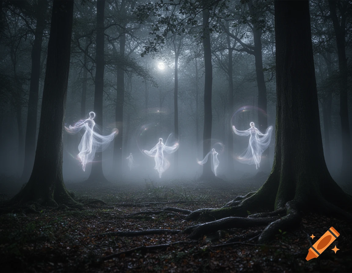 Glowing, ethereal spirits float through a misty, moonlit forest with tall trees and exposed roots.