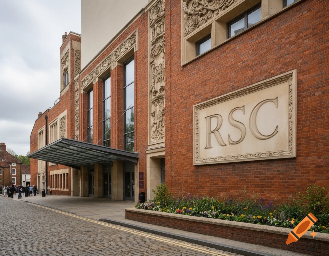 A large brick building with ornate carvings, a prominent RSC sign, a glass canopy over the entrance, and a flower bed along a cobblestone street.