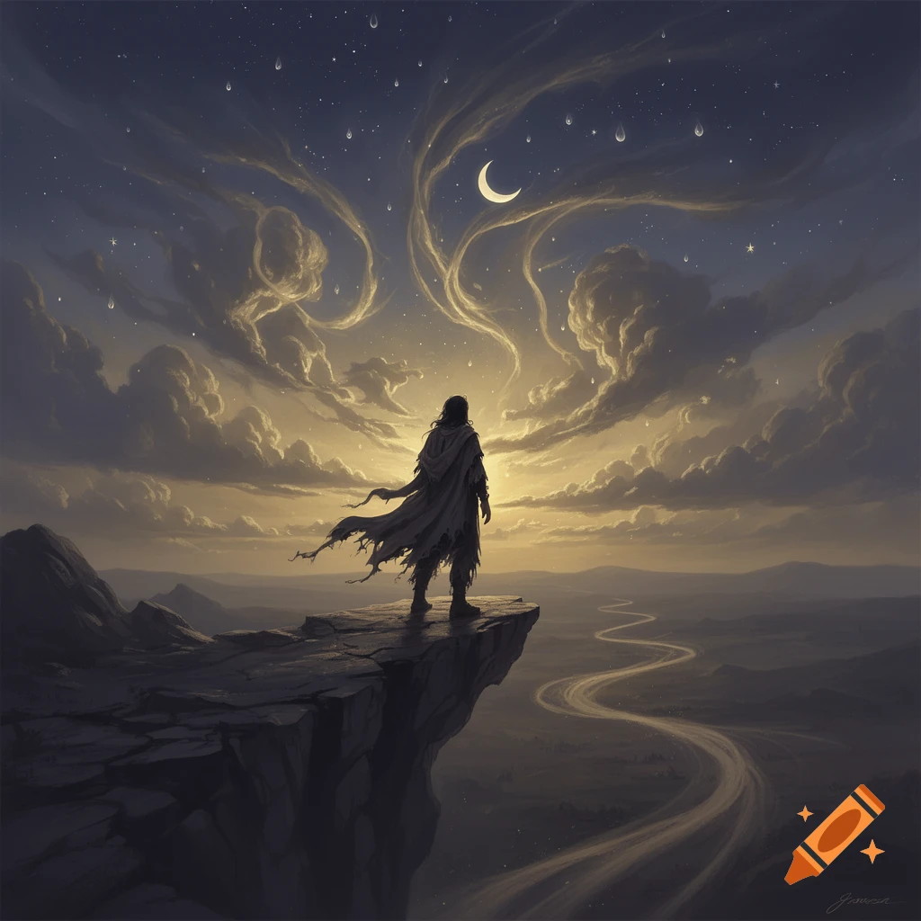 A lone cloaked figure stands on a cliff overlooking a winding path under a dramatic night sky with a crescent moon and swirling clouds.
