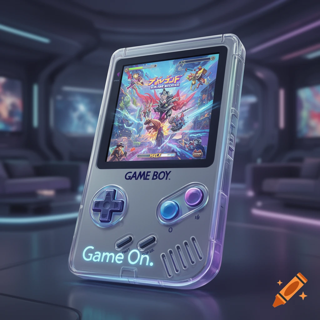 A futuristic transparent Game Boy console displaying a vibrant fantasy game on its screen, with 'GAME BOY' and 'Game On.' text glowing.