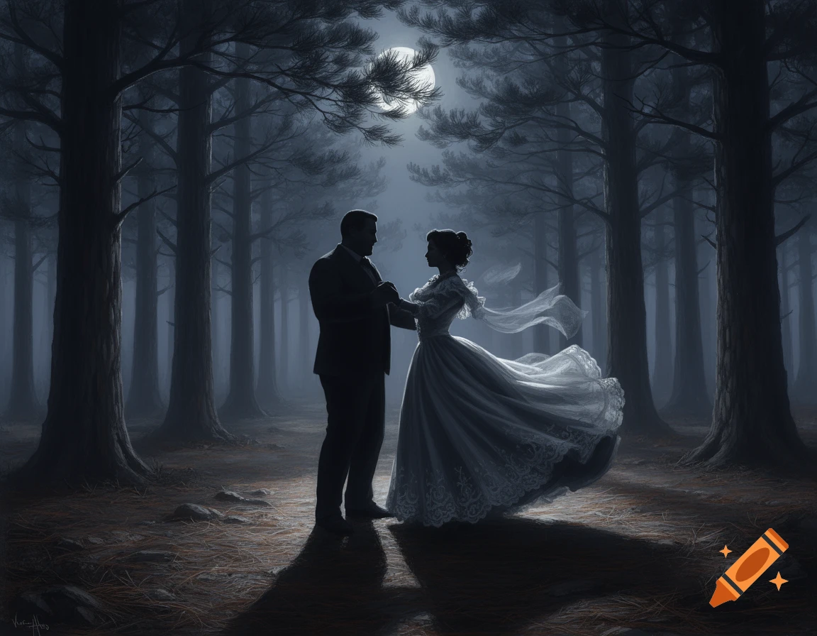 Silhouetted couple dancing in a dark, misty pine forest under a full moon, the woman in a flowing Victorian gown.