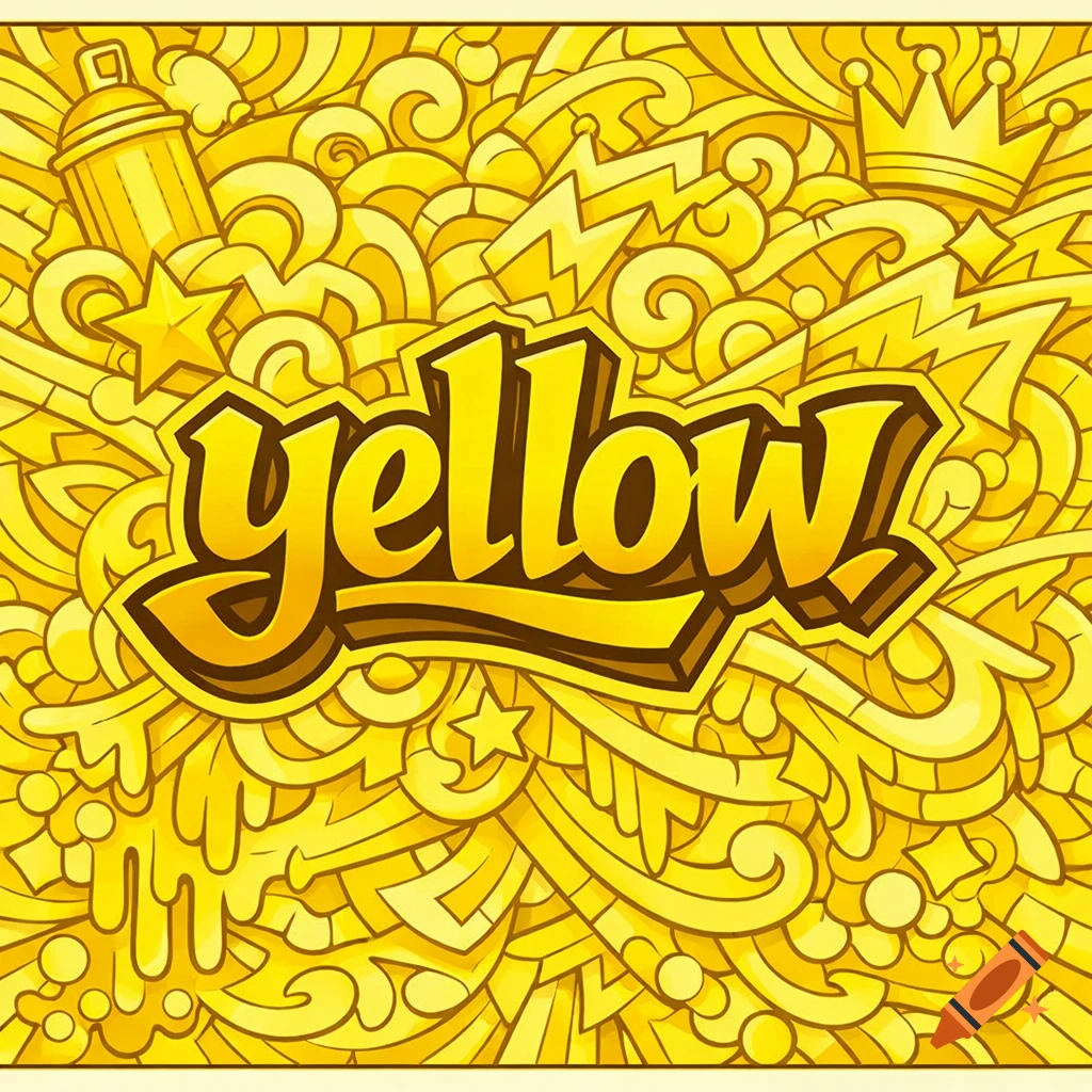 Bright yellow graffiti illustration with the word 'yellow' and various doodles.