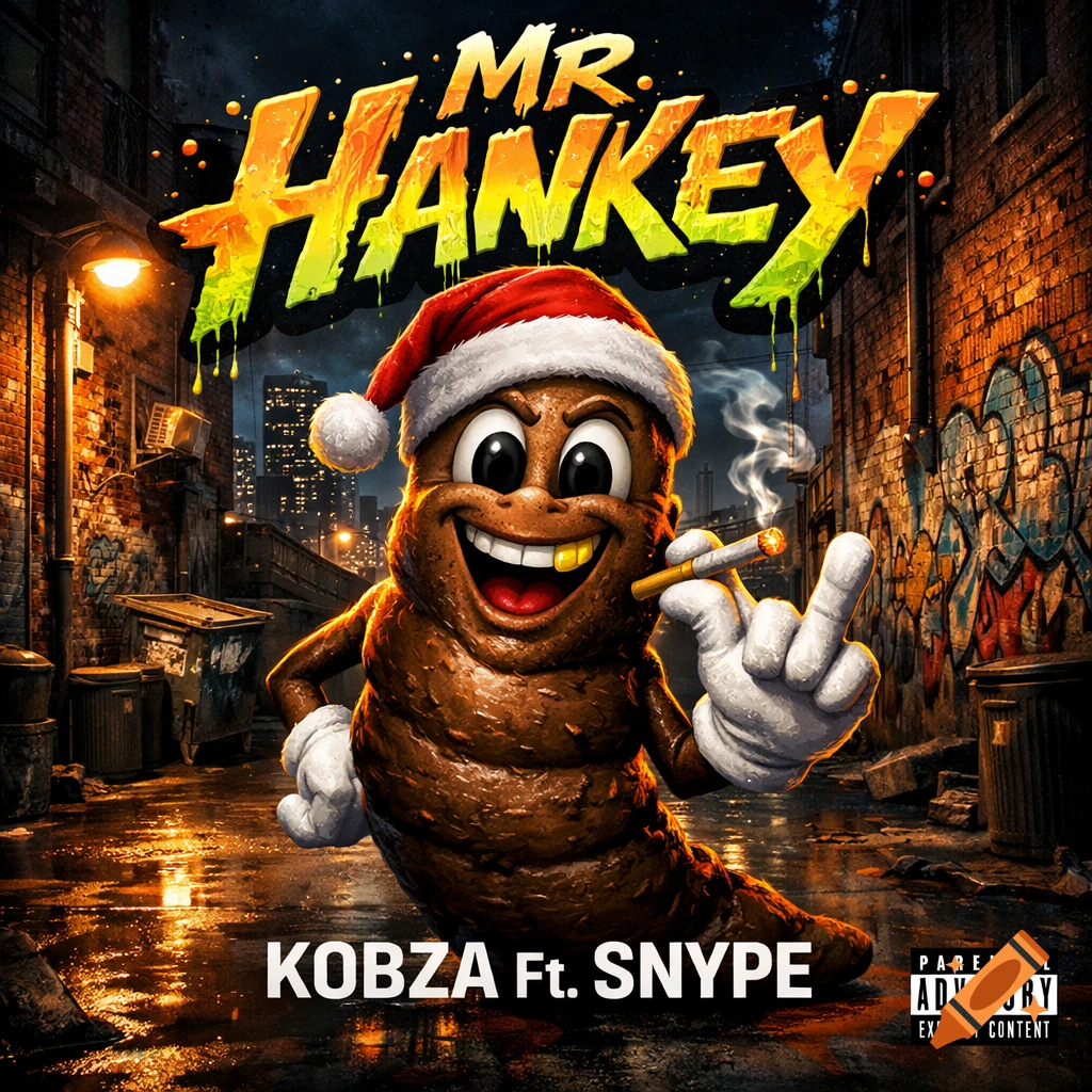 Cartoon Mr. Hankey in a Santa hat, holding a lit cigarette, in a gritty city alley at night. Album art for 'MR. HANKEY by KOBZA Ft. SNYPE'.