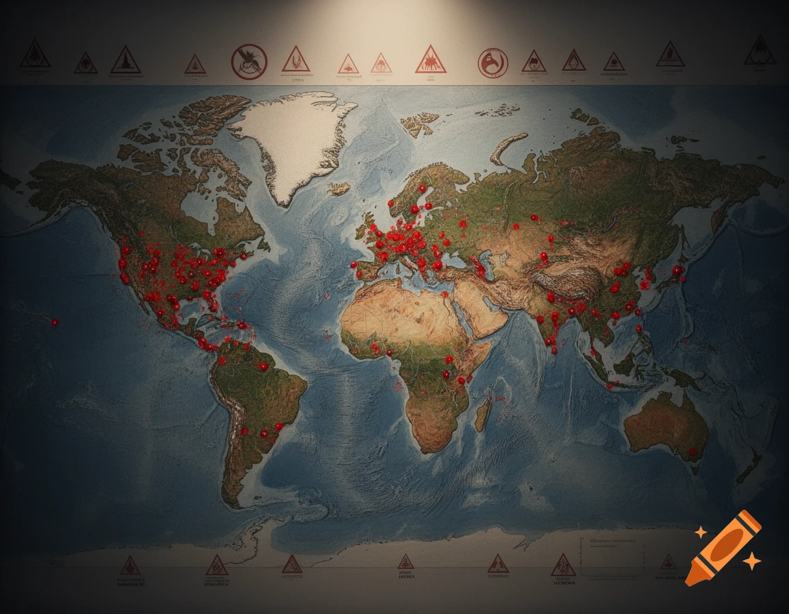 A physical world relief map highlighted with numerous red pins across all continents, bordered by warning symbols and illegible text.