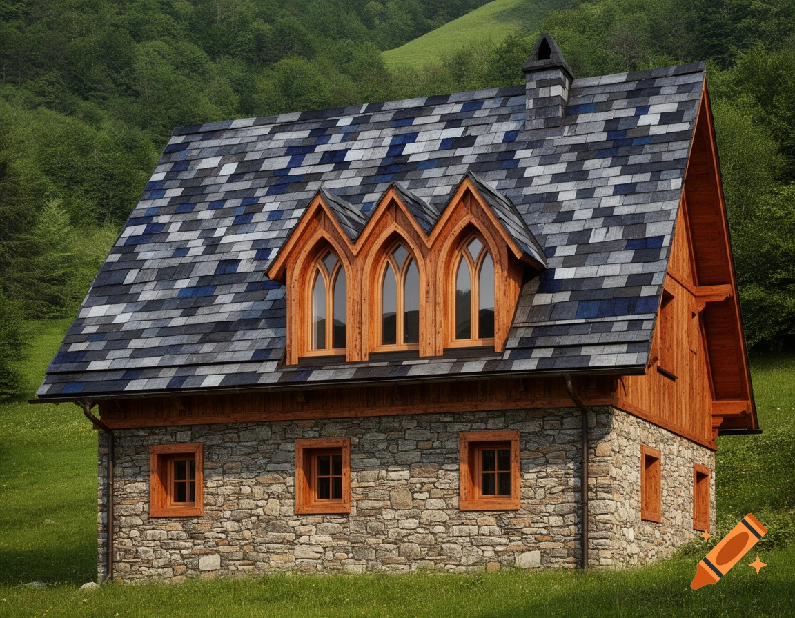A charming stone and wood chalet with three ogival dormer windows and a multicolored slate roof, nestled in a lush green mountain landscape.