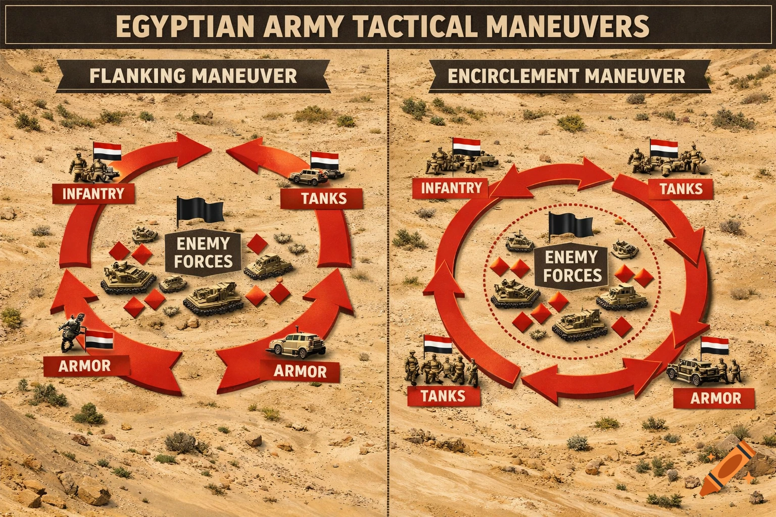 Infographic detailing Egyptian army flanking and encirclement maneuvers on a desert battlefield map with stylized units and arrows.