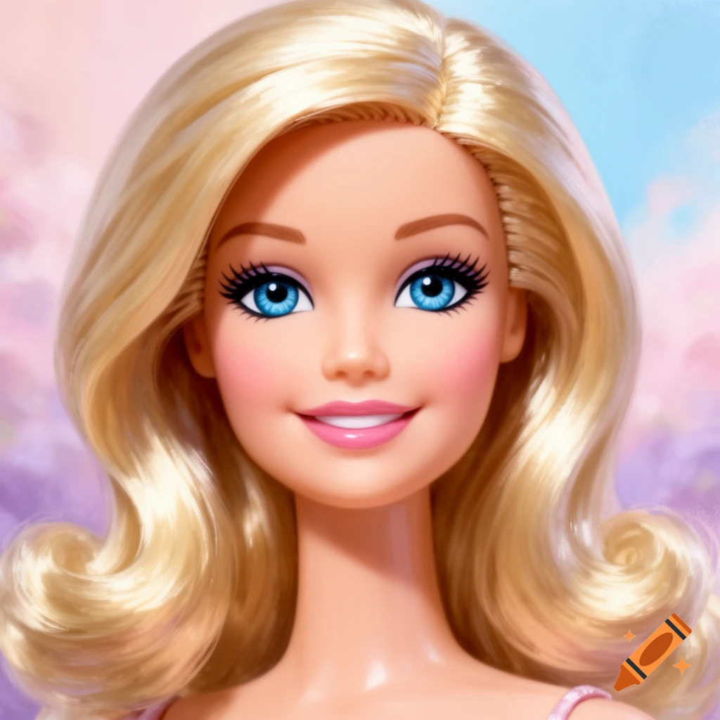 Close-up portrait of a Barbie doll with blonde hair, bright blue eyes, pink lips, and a light pink top, against a soft pastel background.