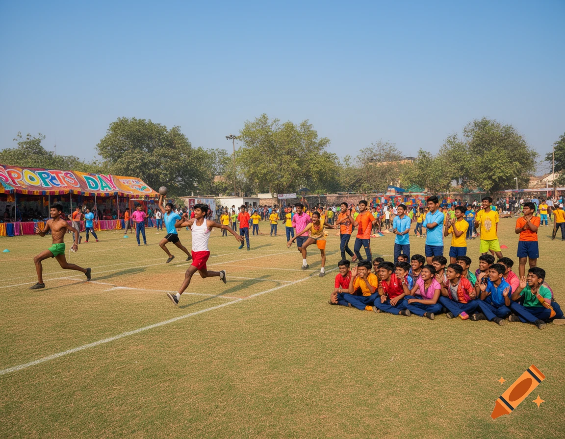 A vibrant outdoor scene of a sports day with young people running, throwing a shot put, and spectators on a grassy field.
