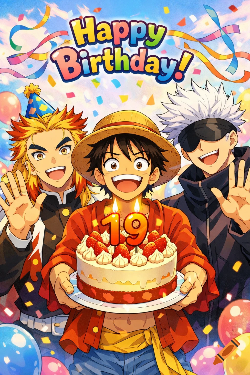 Anime art of Rengoku, Luffy, and Gojo celebrating a birthday with confetti and balloons. Luffy holds a cake with '19' candles.