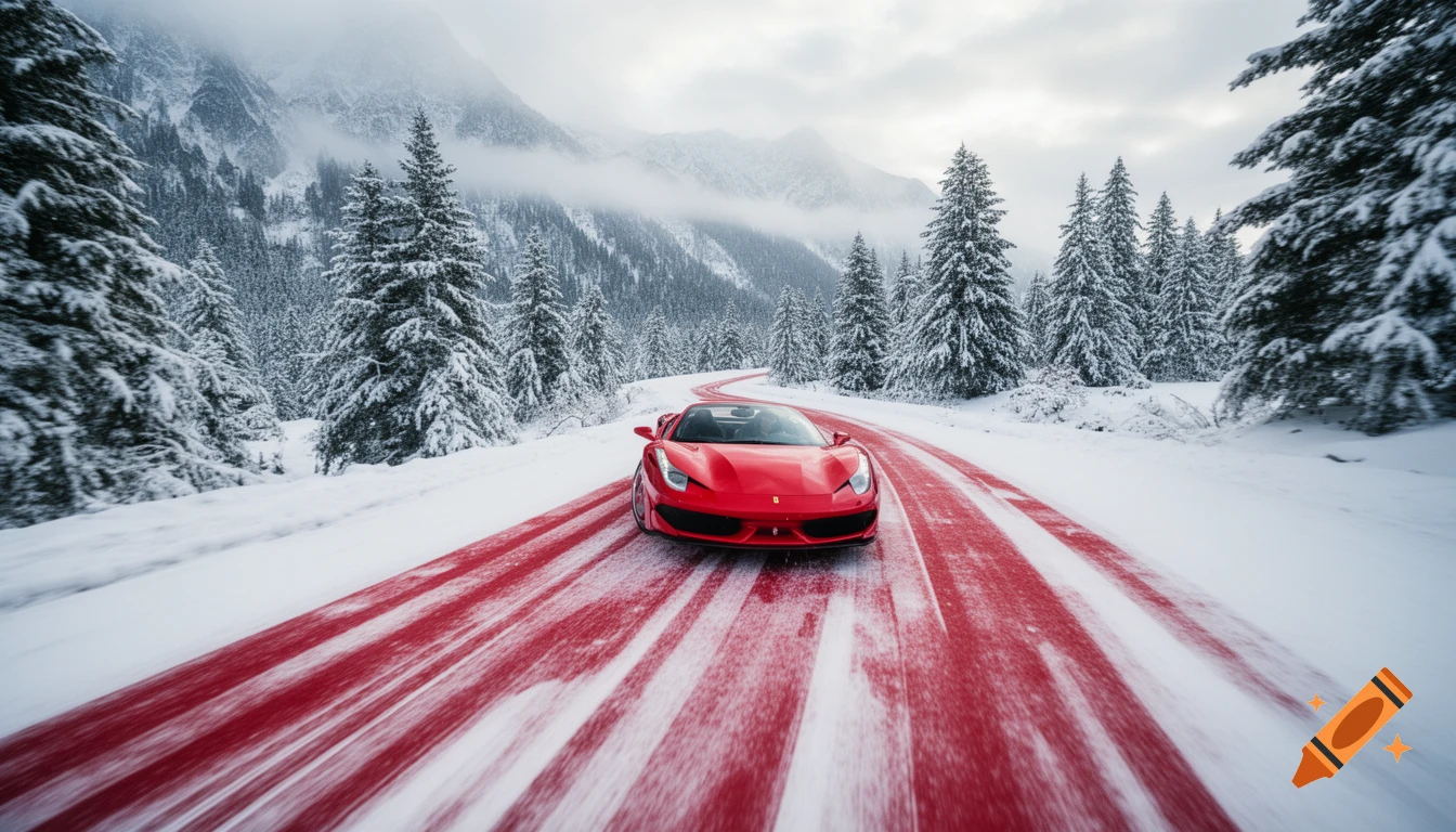 A red sports convertible drives on a snow-covered mountain road with red tire tracks, surrounded by pine trees and misty mountains.