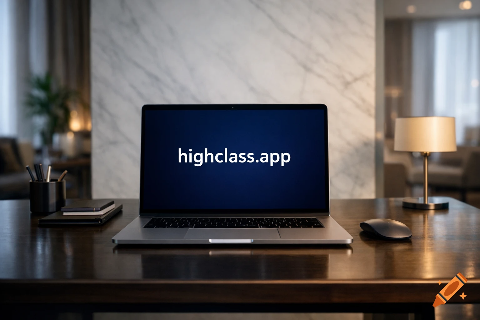 A silver laptop on a wooden desk displays 'highclass.app' on its screen in a modern room with a marble wall.