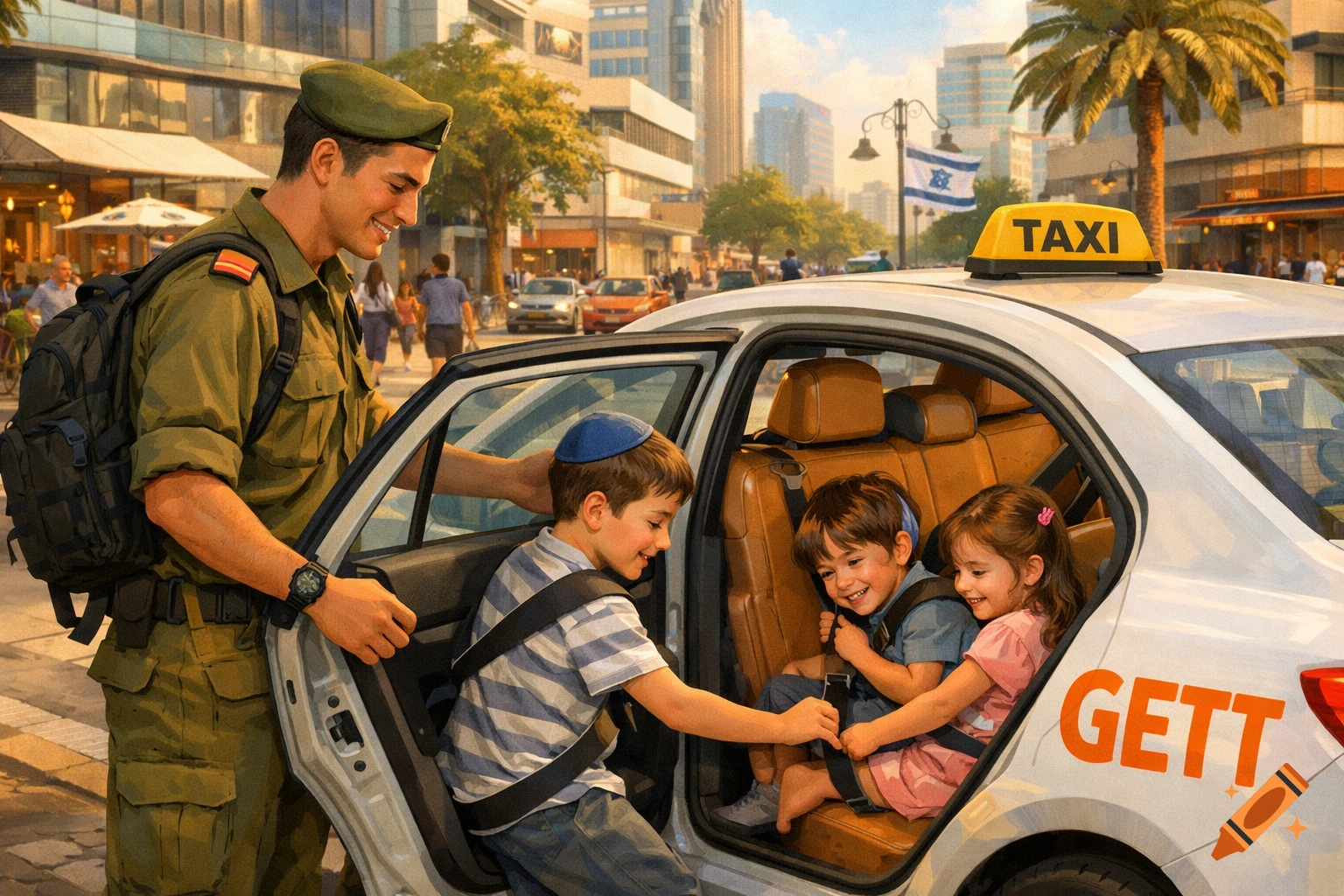 A smiling soldier helps three children, one wearing a kippah, into a white taxi on a busy city street with an Israeli flag in the background, in a painted style.