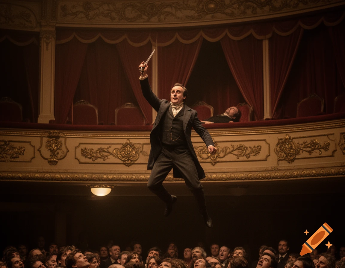 A man in a suit jumps dramatically from an ornate theater box over a surprised audience, holding a knife; another man lies in the box.