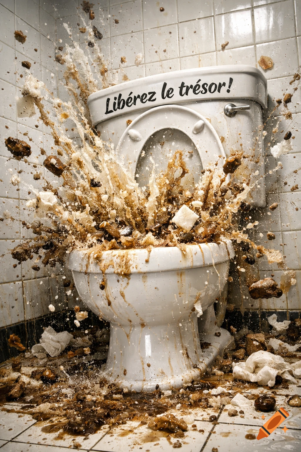 A toilet overflows dramatically, spewing brown liquid, debris, and toilet paper across a tiled bathroom, with text 'Lib ez le tr esor!' on the tank.
