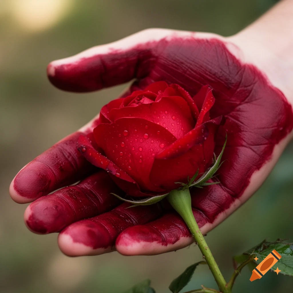 A close-up of a hand covered in red paint holding a vibrant red rose with water droplets, against a blurred green background.