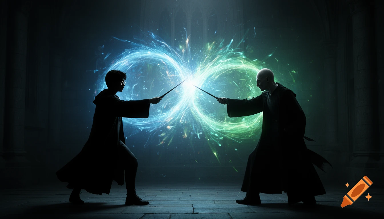 Two wizard silhouettes in a dark room, casting spells with wands that meet in a bright blue and green magical explosion.